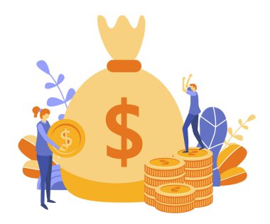 sikkelerin büyük torbayla mini insan illüstrasyon 