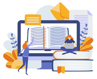 Mini insanlar büyük kitap ve bilgisayar ekranı, eğitim kavramı