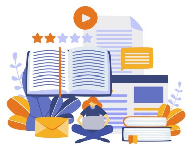 büyük kitap ve bilgisayar dosyaları, eğitim kavramı ile mini kadın