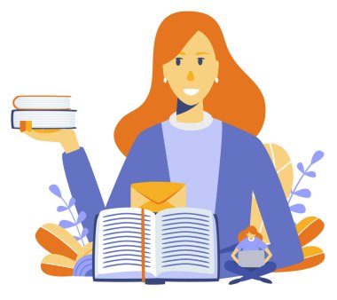 kitap tutan büyük kadın ve mini dizüstü bilgisayar kullanan kadın
