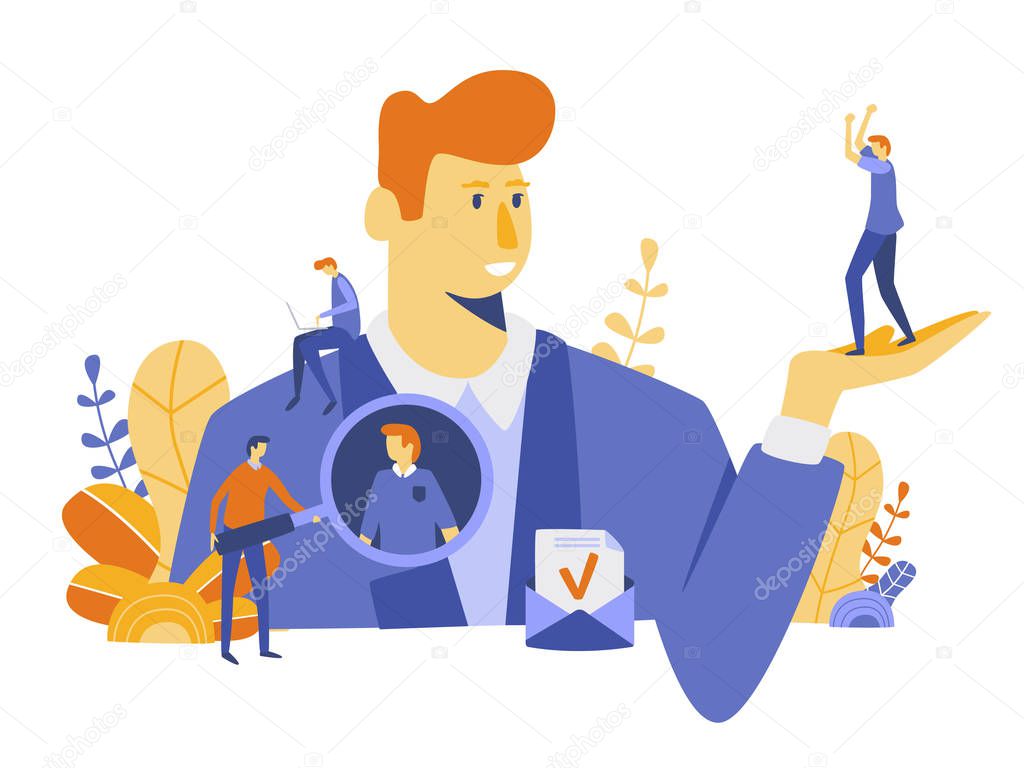 large boss man with mini workers vector illustration