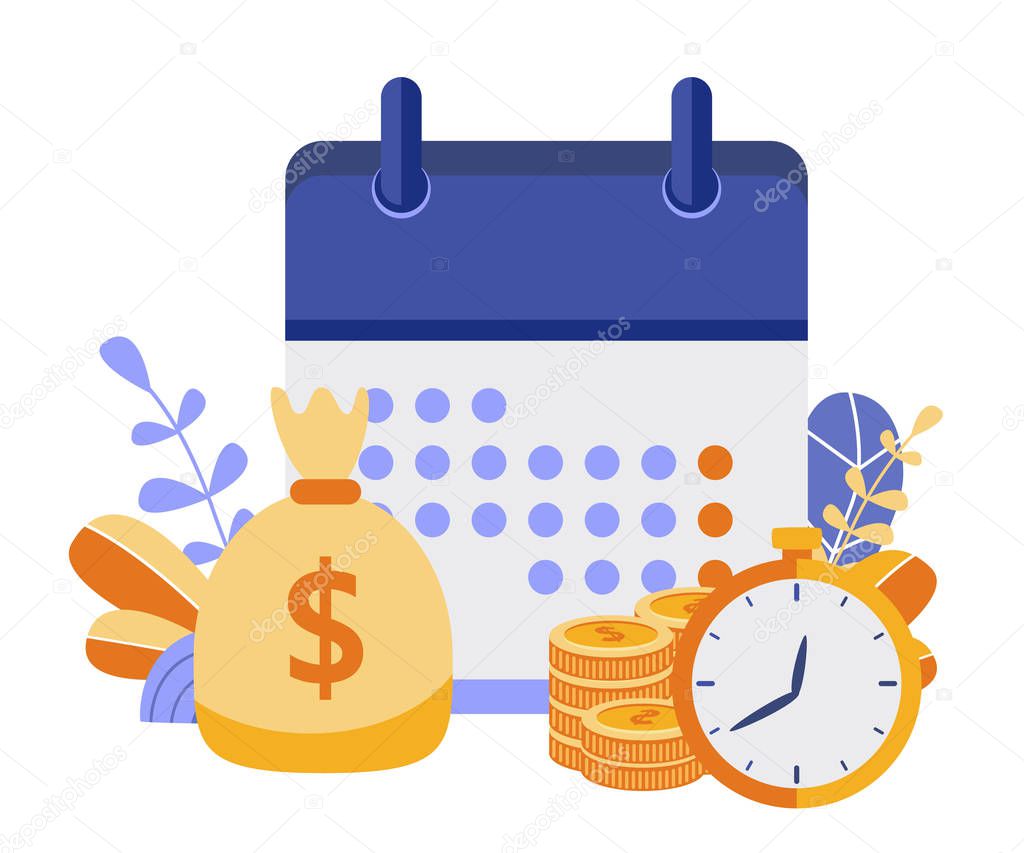 calendar with money sack, stacks of coins and timer