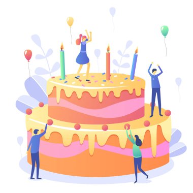 Mutlu doğum günü, yıldönümü, şirket gün mum ile büyük bir pasta karakterlerde konseptiyle. Web afiş, infographics, kahraman görüntüleri için kullanabilirsiniz. Beyaz arka plan üzerinde izole düz vektör çizim