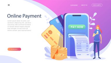 Online kart ödeme kavramı, insan karakterleri ile kolay ödemeler. Kolay düzenleme ve özelleştirme, para transferi, afiş, mobil uygulaması, açılış sayfası, sunu için mobil cüzdan kavramı