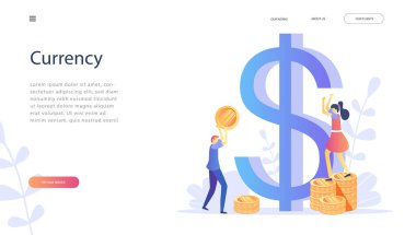 Parayı elinde tutan mutlu insanlarla dolar işareti. Açılış sayfası, şablon, UI, web, sosyal medya, mobil uygulaması, poster, afiş için kavram. Para birimi, Döviz Kuru, maaş ödeme