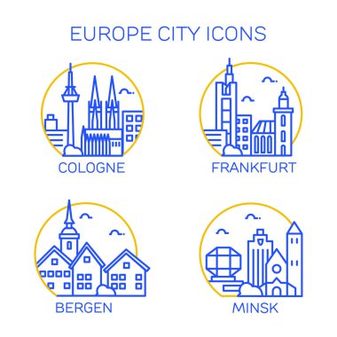 Europe şehir simgeler. Dört şehrin kümesi. Köln, Frankfurt, Bergen, Minsk. Vektör