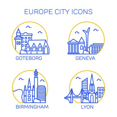 Europe şehir simgeler. Dört şehrin kümesi. Goteborg, Cenevre, Birminghem, Lyon. Vektör