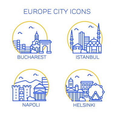 Europe şehir simgeler. Dört şehrin kümesi. Bükreş, Istanbul, Napoli, Helsinki vektör