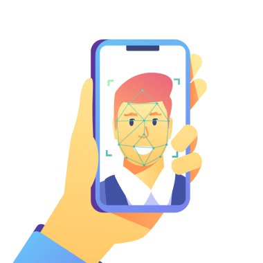 Yüz tanıma kavramı. Kimliği, yüz tanıma sistemi yüz. İnsan kafası ile akıllı telefon tutarak ve app ekranda tarama el. Sosyal medya, sunum için modern uygulama. Vektör çizim