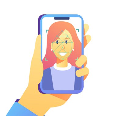 Yüz tanıma kavramı. Kimliği, yüz tanıma sistemi yüz. İnsan kafası ile akıllı telefon tutarak ve app ekranda tarama el. Sosyal medya, sunum için modern uygulama. Vektör çizim