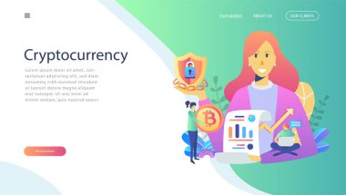 Bitcoin Blockchain kavramı web sayfası, afiş, tanıtım, sosyal medya için. Bitcoin ve blockchain için yatırımlarına vektör çizim. araştırma grubu, cryptocurrency, online para