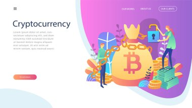 Bitcoin Blockchain kavramı web sayfası, afiş, tanıtım, sosyal medya için. Bitcoin ve blockchain için yatırımlarına vektör çizim. araştırma grubu, cryptocurrency, online para
