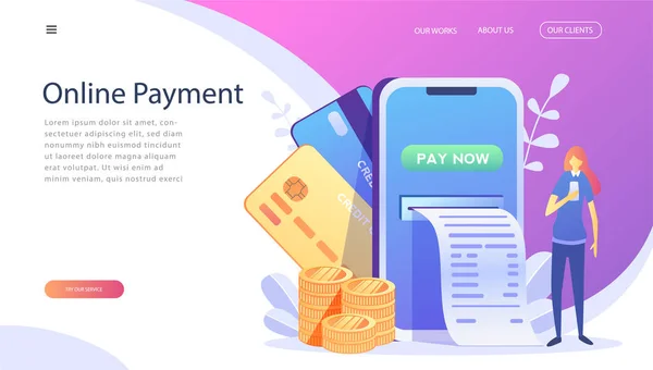 オンライン カード決済コンセプトは のキャラクターと簡単支払い 簡単な編集やカスタマイズ 携帯財布コンセプト バナー モバイル アプリ ランディング ページ — ストックベクタ