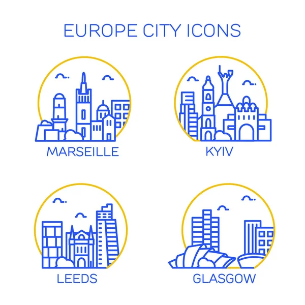 Europe şehir simgeler. Dört şehrin kümesi. Marseille, Kiev, Leeds, Glasgow. Vektör