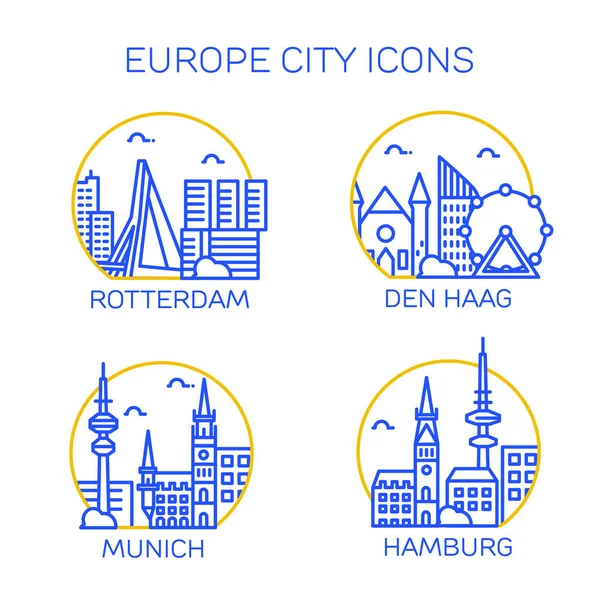 Ícones Cidade Europa Conjunto Quatro Cidades Rotterdam Den Haag Munique —  Vetores de Stock
