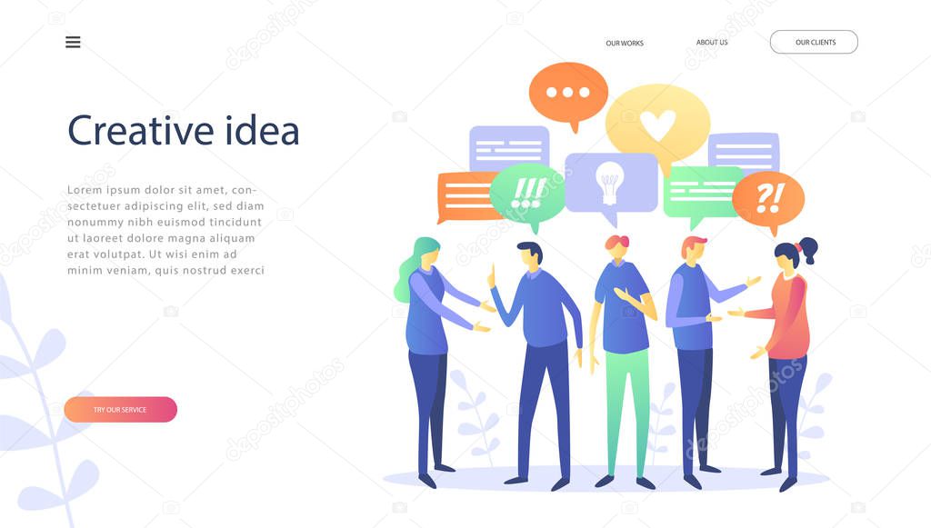 Concept for teamwork, searching for new solutions promotion in the network. Big idea, working together in the company, brainstorming, a symbol of creativity, creative ideas, mind, thinking. Vector illustration