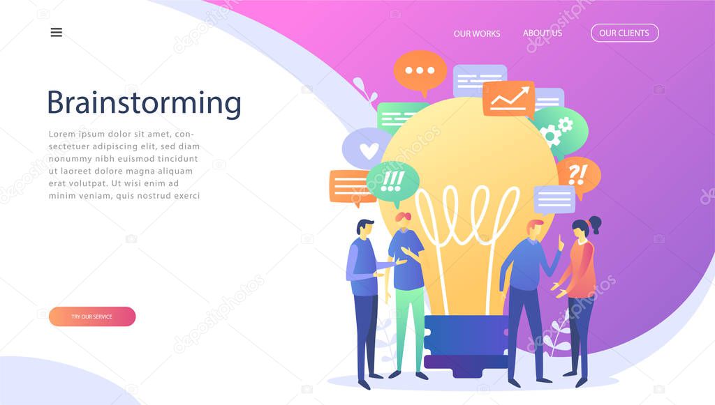 Concept for teamwork, searching for new solutions promotion in the network. Big idea, working together in the company, brainstorming, a symbol of creativity, creative ideas, mind, thinking. Vector illustration