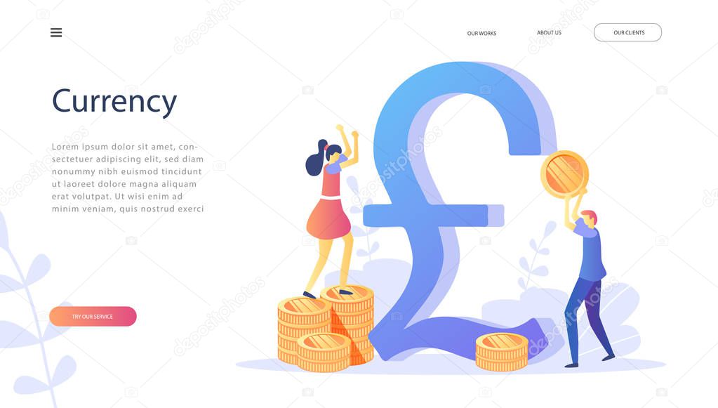 Funt Sterling sign with happy people holding money in hands.Concept for landing page, template, ui,web, social media, mobile app, poster, banner. Currency, exchange rate, salary payment