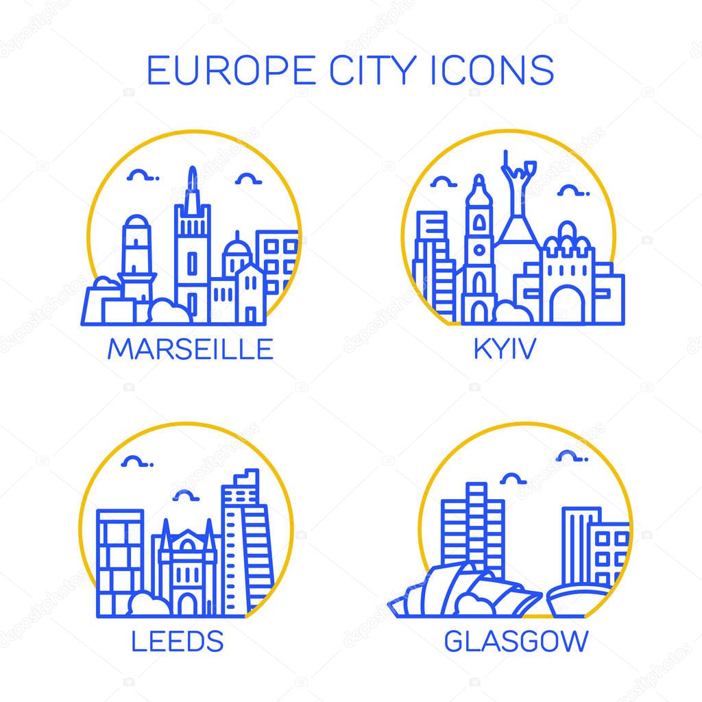 Europe city icons. Set of four citys. Marseille, Kyiv, Leeds, Glasgow. Vector