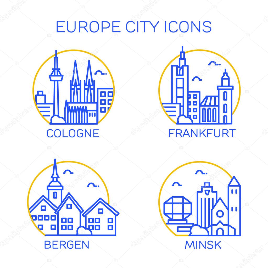 Europe city icons. Set of four citys. Cologne, Frankfurt, Bergen, Minsk. Vector