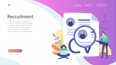 Arama, insan kaynakları, web sayfası, afiş, tanıtım, sosyal medya, belgeler, kartları, posterler için işe alım kavram. İllüstrasyon insan kaynakları, Seo, Büyüteç Camı işareti vektör