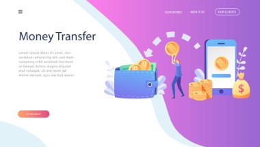 Kavram online para transferi, web sayfası, afiş, tanıtım, sosyal medya, belgeler, kartları, posterler için mobil ödeme. Vektör çizim mobil bankacılık, e ödeme, bu kadar para, cryptocurrency 
