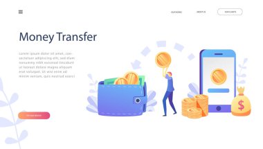 Kavram online para transferi, web sayfası, afiş, tanıtım, sosyal medya, belgeler, kartları, posterler için mobil ödeme. Vektör çizim mobil bankacılık, e ödeme, bu kadar para, cryptocurrency 