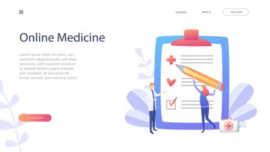 Online tıp vektör illüstrasyon kavramı, doktor ve hemşire hasta bakımı. Doldurun formu, açılış sayfası, şablon, UI, web, mobil uygulaması, poster, afiş için Internet sağlık kavramı.