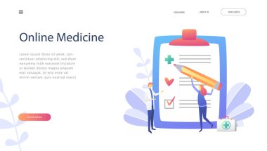 Online tıp vektör illüstrasyon kavramı, doktor ve hemşire hasta bakımı. Doldurun formu, açılış sayfası, şablon, UI, web, mobil uygulaması, poster, afiş için Internet sağlık kavramı.