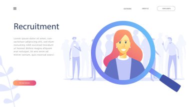 Arama, insan kaynakları, web sayfası, afiş, tanıtım, sosyal medya, belgeler, kartları, posterler için işe alım kavram. İllüstrasyon insan kaynakları, Seo, Büyüteç Camı işareti vektör