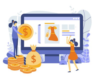 Vektör düz çizim, Online Bankacılık, E-ticaret, online alışveriş, alış ve satış, web sayfası, afiş, tanıtım, sosyal medya, belgeler, kartları, posterler. Online mağaza