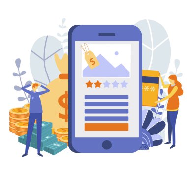 Vektör düz çizim, Online Bankacılık, E-ticaret, online alışveriş, alış ve satış, web sayfası, afiş, tanıtım, sosyal medya, belgeler, kartları, posterler. Online mağaza