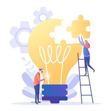 Takım çalışması, yeni çözümler promosyon ağı'ndaki arama için kavram. Büyük fikir, birlikte beyin fırtınası, yaratıcılık, yaratıcı fikirler, zihin, düşünme sembolü şirkette çalışan. Vektör çizim