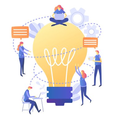 Takım çalışması, yeni çözümler promosyon ağı'ndaki arama için kavram. Büyük fikir, birlikte beyin fırtınası, yaratıcılık, yaratıcı fikirler, zihin, düşünme sembolü şirkette çalışan. Vektör çizim