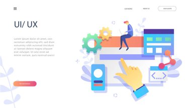 Kavram UI / Ux ve web tasarım, Masaüstü Web sitesi tasarımı geliştirme proses. Modern düz tasarım, programlama, ekip çalışması, başlangıç, tasarım süreci, test, kavram, Seo, sosyal pazarlama yoluyla fikir. Vektör çizim