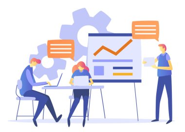 Ekonomi ve finans ve mühendislik grafik. Pazarlama ve finans kavramı. Ticaret çözümleri alanında başlattığı yatırımlarına, analiz kavramı. Ekonomik Infographic afiş. Karakterlerle düz modern kavram. vektör çizim