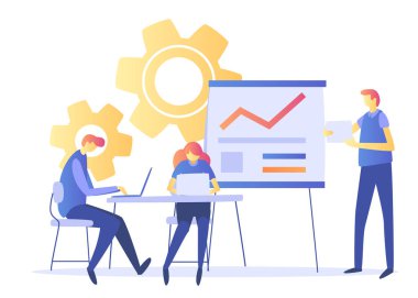 Ekonomi ve finans ve mühendislik grafik. Pazarlama ve finans kavramı. Ticaret çözümleri alanında başlattığı yatırımlarına, analiz kavramı. Ekonomik Infographic afiş. Karakterlerle düz modern kavram. vektör çizim