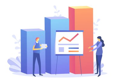 Ekonomi ve finans ve mühendislik grafik. Pazarlama ve finans kavramı. Ticaret çözümleri alanında başlattığı yatırımlarına, analiz kavramı. Ekonomik Infographic afiş. Karakterlerle düz modern kavram. vektör çizim