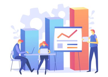 Ekonomi ve finans ve mühendislik grafik. Pazarlama ve finans kavramı. Ticaret çözümleri alanında başlattığı yatırımlarına, analiz kavramı. Ekonomik Infographic afiş. Karakterlerle düz modern kavram. vektör çizim