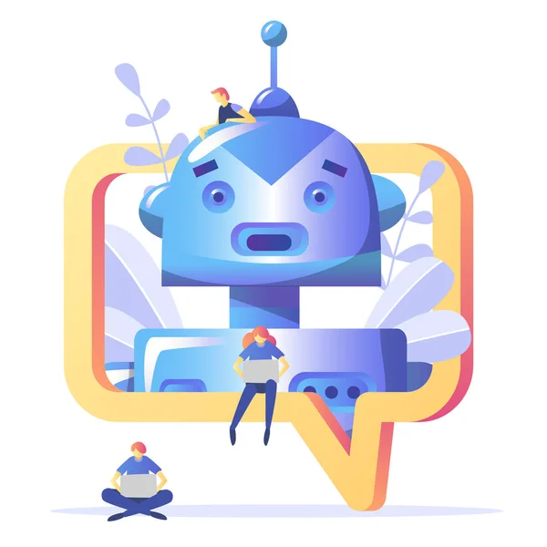 Kavram sohbet etmek ve gelecekteki pazarlama kavramı, web sayfası, sosyal medya desteği. İnsan için yapay zeka, soru sormak sohbet bot laptop, sohbet isteyin robot. Vektör çizim