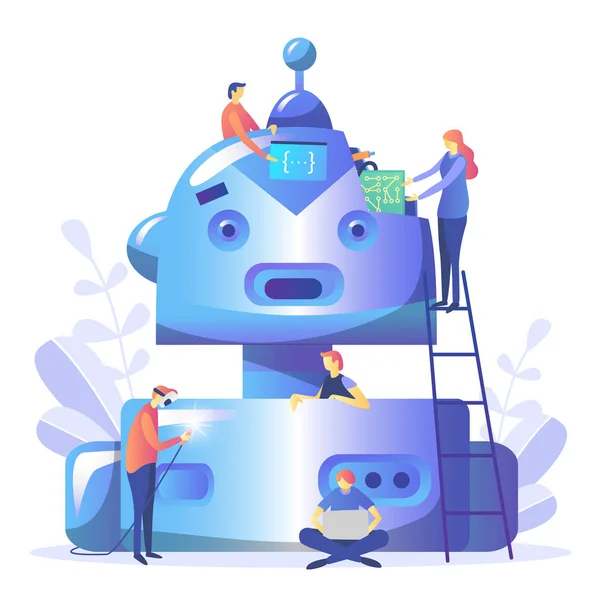 Kavram sohbet etmek ve gelecekteki pazarlama kavramı, web sayfası, sosyal medya desteği. İnsan için yapay zeka, soru sormak sohbet bot laptop, sohbet isteyin robot. Vektör çizim