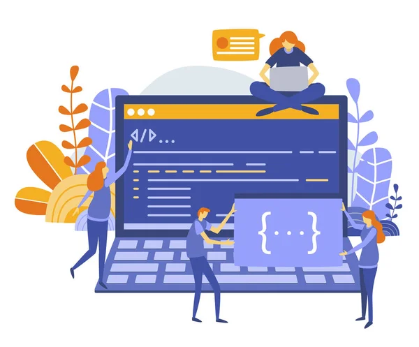 概念编程 网站测试和应用程序开发 矢量插图 Api 原型和测试 界面构建过程 智能团队 团队工作 — 图库矢量图片