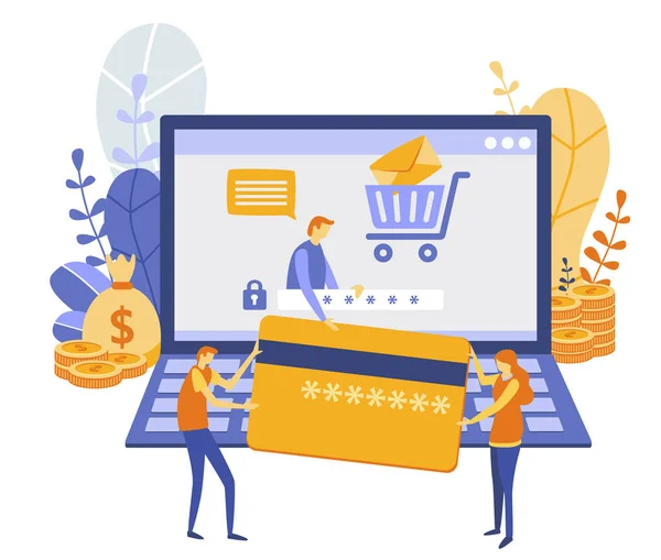 Ilustrasi Vektor Flat Online Banking Commerce Belanja Online Membeli Dan - Stok Vektor