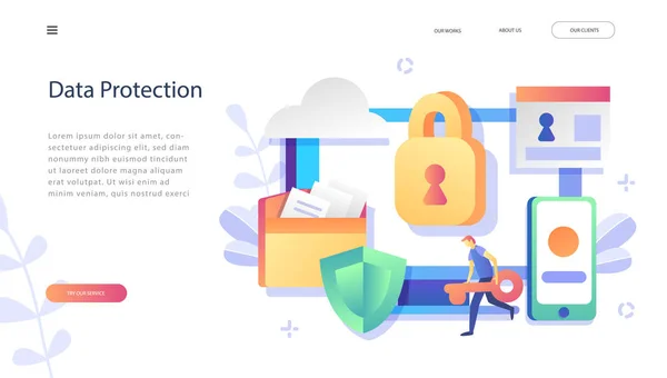 Veri koruma kavramı. Güvenliği ve mahrem veri koruma, karakter kavramı. Internet security. Sosyal medya. Web afiş, infographics, web sayfası için kullanabilirsiniz. Düz illüstrasyon. Vektör çizim