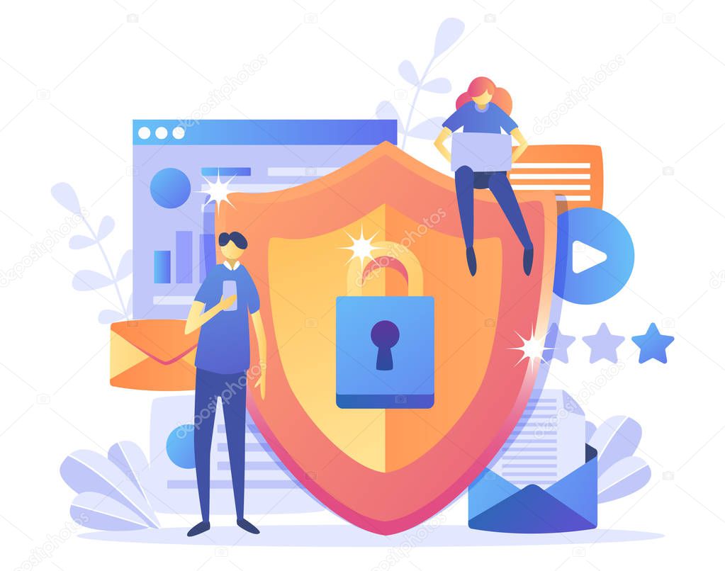 Data protection concept.Safety and confidential data protection, concept with characters. Internet security. Social Media. Can use for web banner, infographics, web page. Flat illustration. Vector illustration