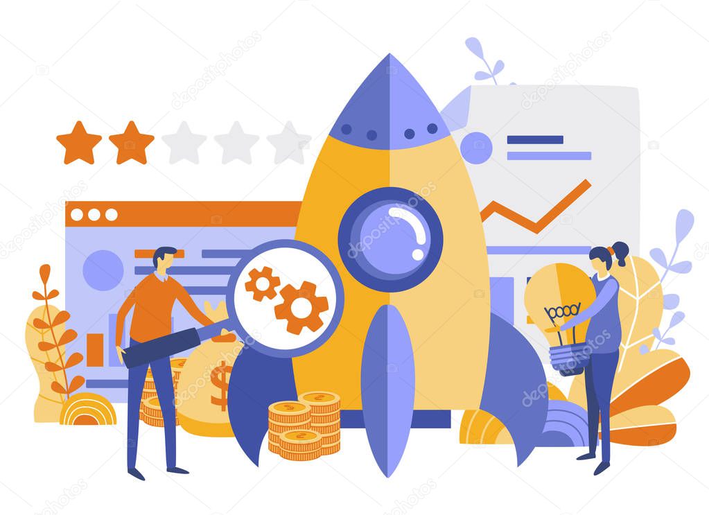 Concept startup launch of a new business for web page, banner, presentation, social media, business project start up. young emerging company, team work, Vector illustration, rocket build process