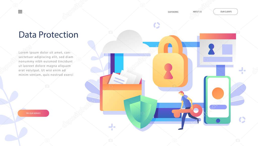 Data protection concept.Safety and confidential data protection, concept with characters. Internet security. Social Media. Can use for web banner, infographics, web page. Flat illustration. Vector illustration