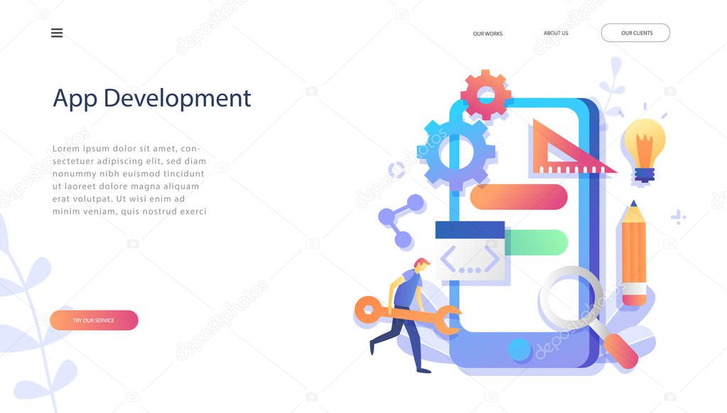 Mobile application development, testing flat vector illustration.Smart team, Teamwork ,Software API prototyping and testing background. Smartphone interface building process, mobile app, web page