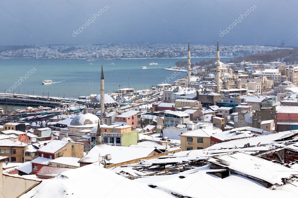Cityscape of Istanbul in snow on winter day