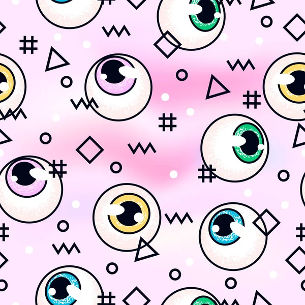 眼球。ファッション パターン。ピンクの背景の目。メンフィスのパターン — ストックベクタ